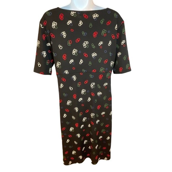 Esprit de Corp Vintage Wrap Style Black with Print Midi Dress Sz L - Picture 2 of 7